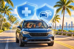 Illustration of a family car with medical and uninsured motorist coverage shields on a Florida road